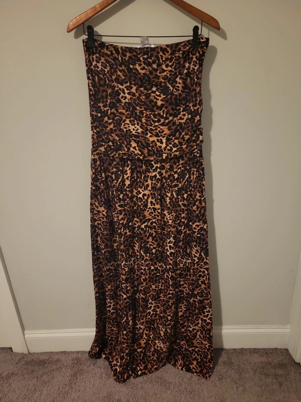 Strapless Leopard-Print Maxi Dress in Brown and Black